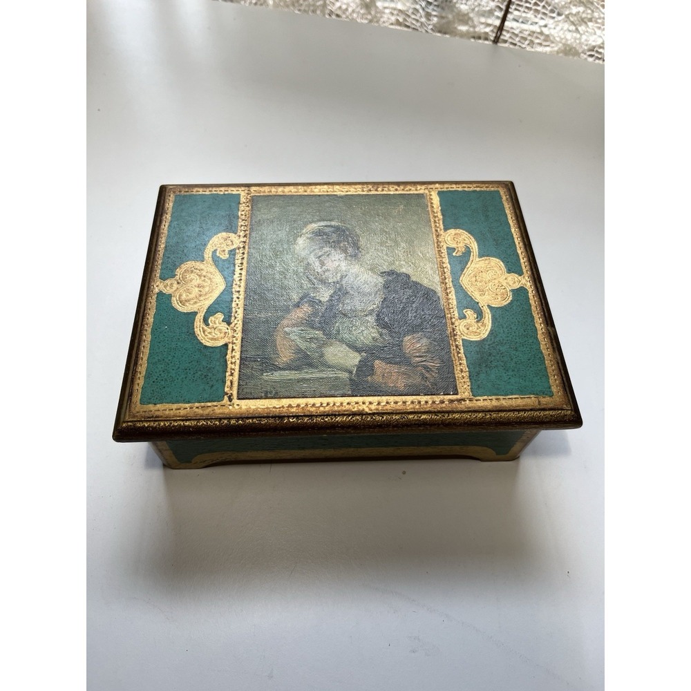 VTG Florentine Musical Jewelry Box W Decorative Pic Gold Gilt Made Italy 8"x6"